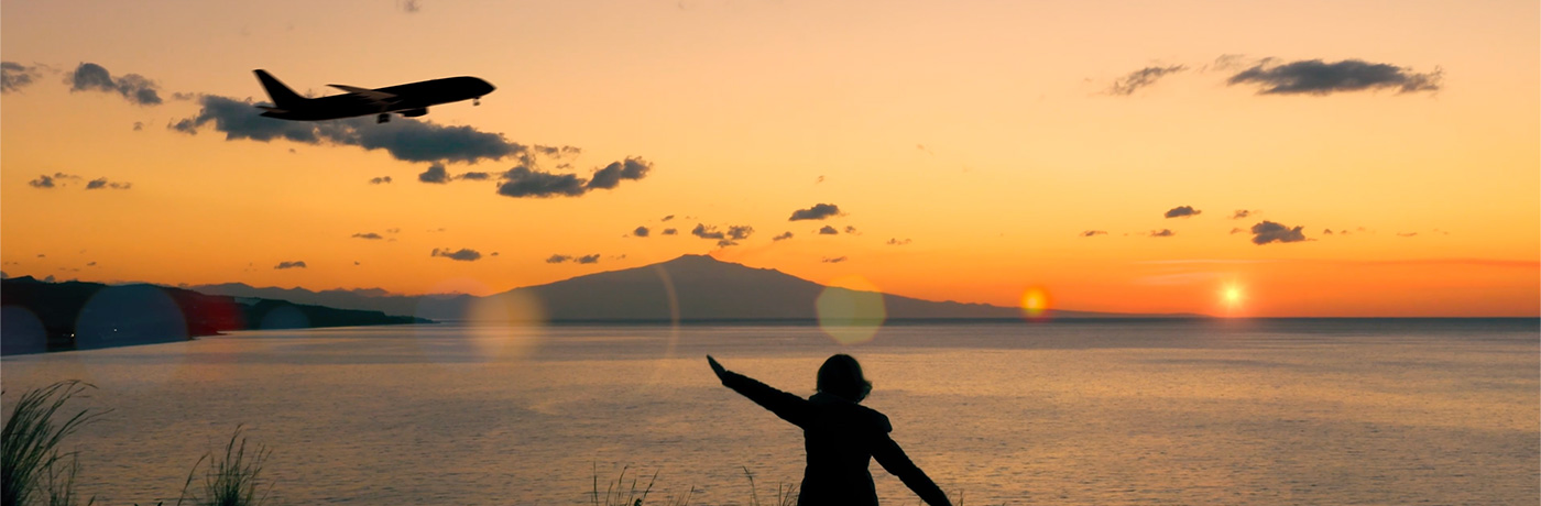 Silhouette of woman with arms stretched out next to a body of water with a mountain in the background and a plane flying overhead.