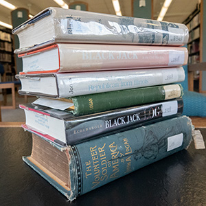 Stack of books in library