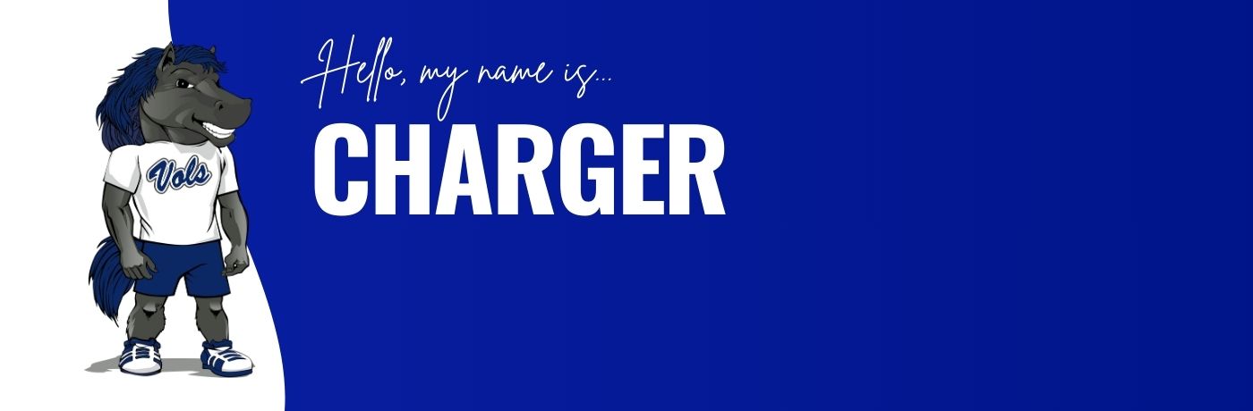 Picture of JALC Mascot with text Hello, my name is… CHARGER