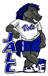 JALC mascot Charger leaning on JALC lettering.