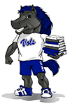 JALC mascot Charger holding books.