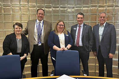 Southeastern Illinois College President Dr. Karen Weiss, Kaskaskia College President Dr. George Evans, JALC Assistant Director of Legislative Affairs Jennifer Fuller, John A. Logan College President Dr. Kirk Overstreet, and Senator Dale Fowler in the JALC Board Room.